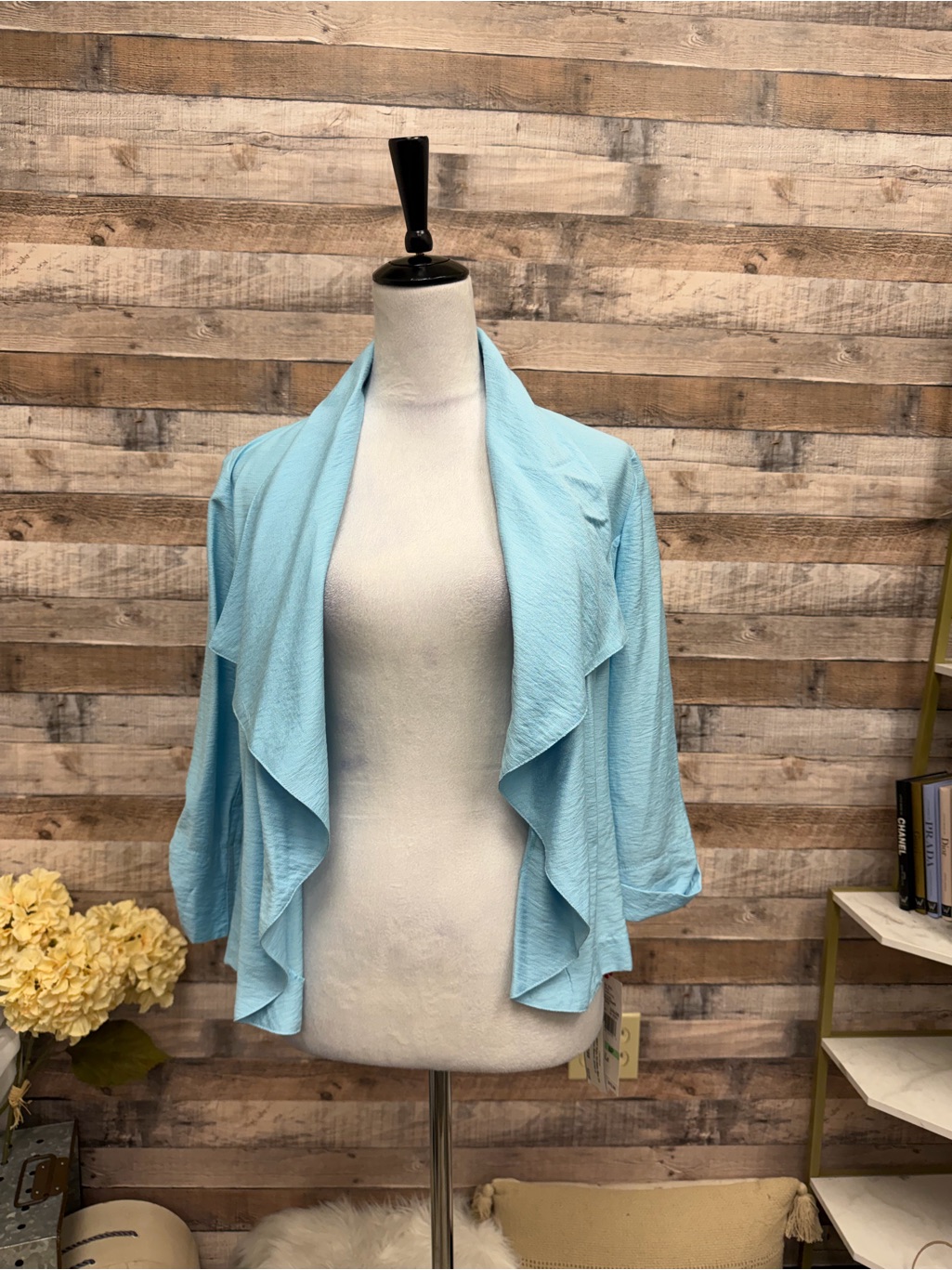 Ruby Rd. Light Blue Open-Front Draped Cardigan